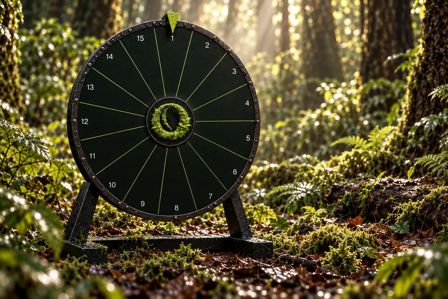 The Earthly Oasis raffle wheel standing in a sunlit, moss-covered woodland