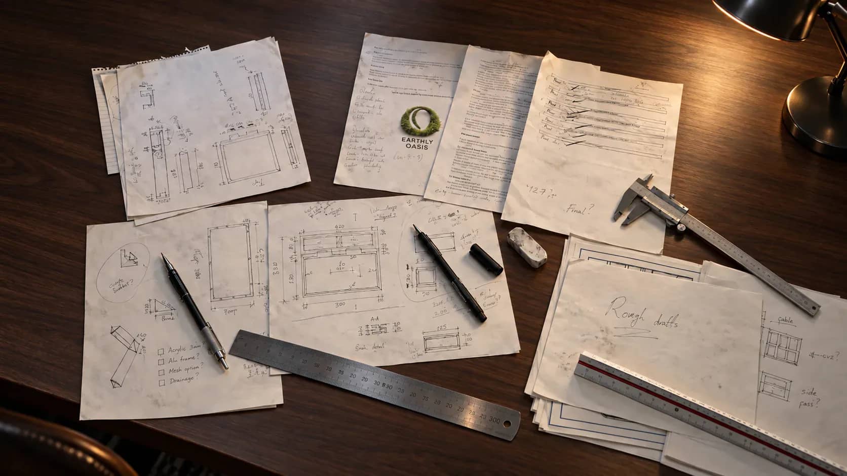 Original Earthly Oasis enclosure drawings preserved across a clean new walnut design desk beneath a warm drafting lamp