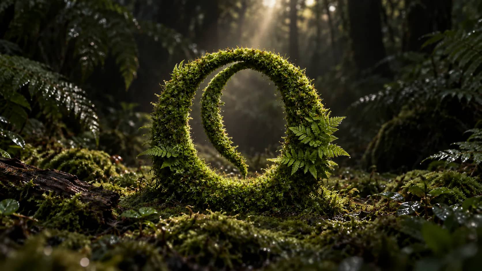 The Earthly Oasis moss mark growing from a dark, rain-soaked forest floor
